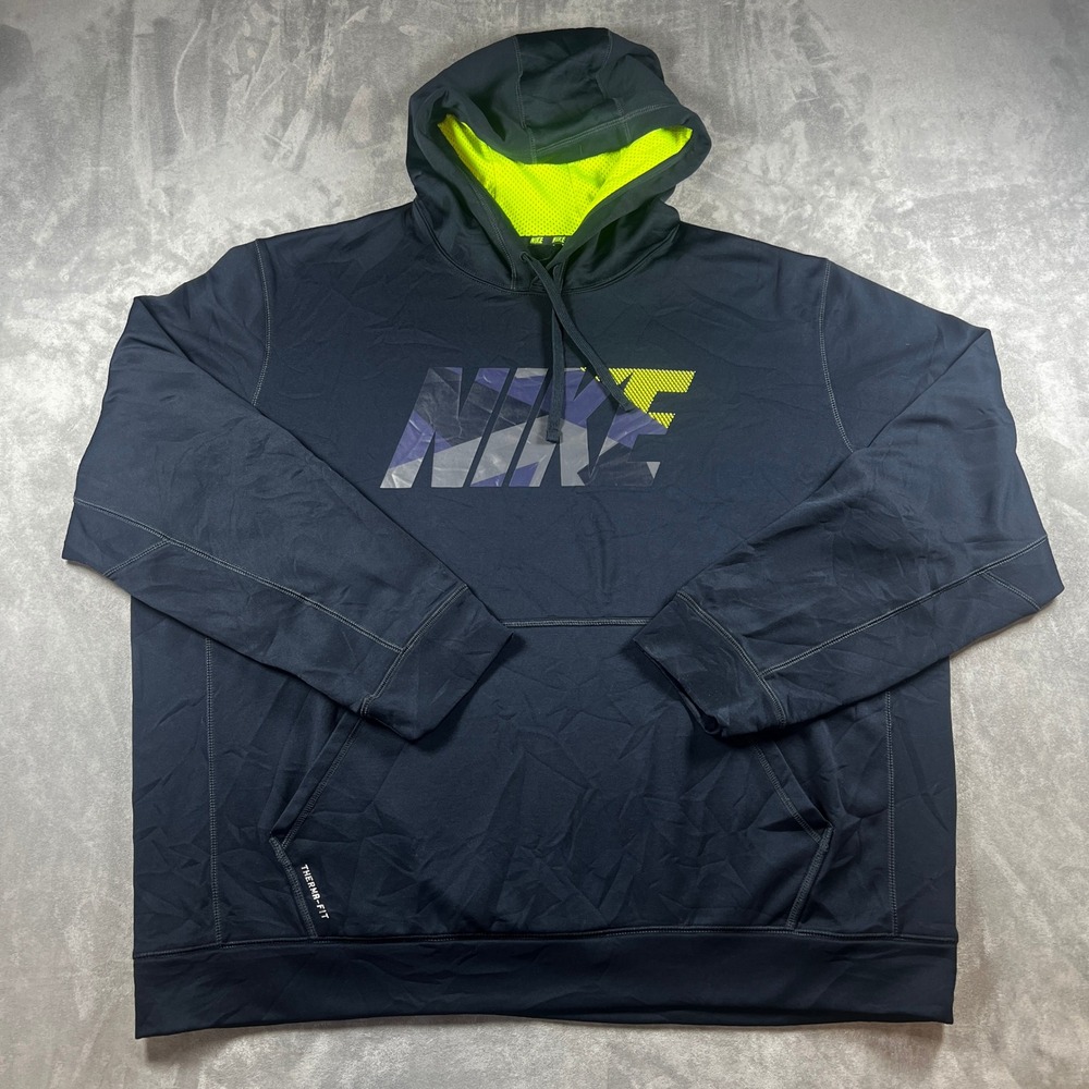 Nike Therma-Fit Hoodie Men 2XL Black Neon Green Pullover Performance Sweatshirt